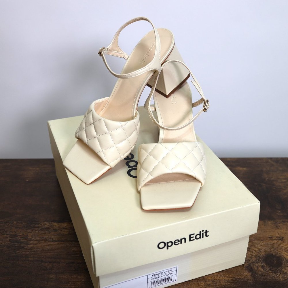 NWT- Open Edit Austyn Quilted Square Toe Block Heel Ivory Sandal Size 8.5